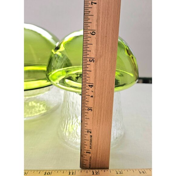 A Set of Three Vintage Handblown Glass Green Mushroom Canisters 6", 5.5" , 5" - Picture 5 of 10